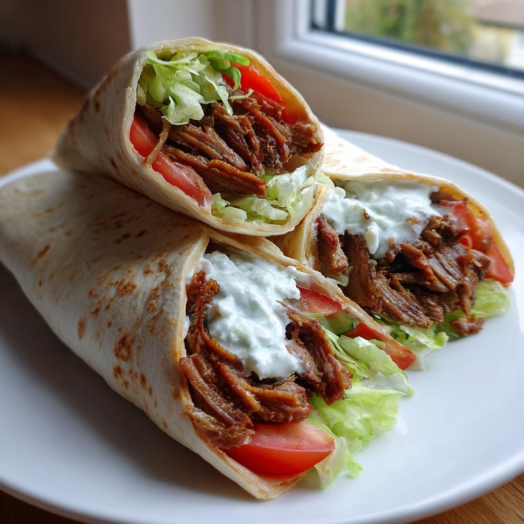 Drei saftige Gyros-Wraps aus der Pfanne gefüllt mit Fleisch, Salat, Tomaten und Tzatziki auf einem weißen Teller.