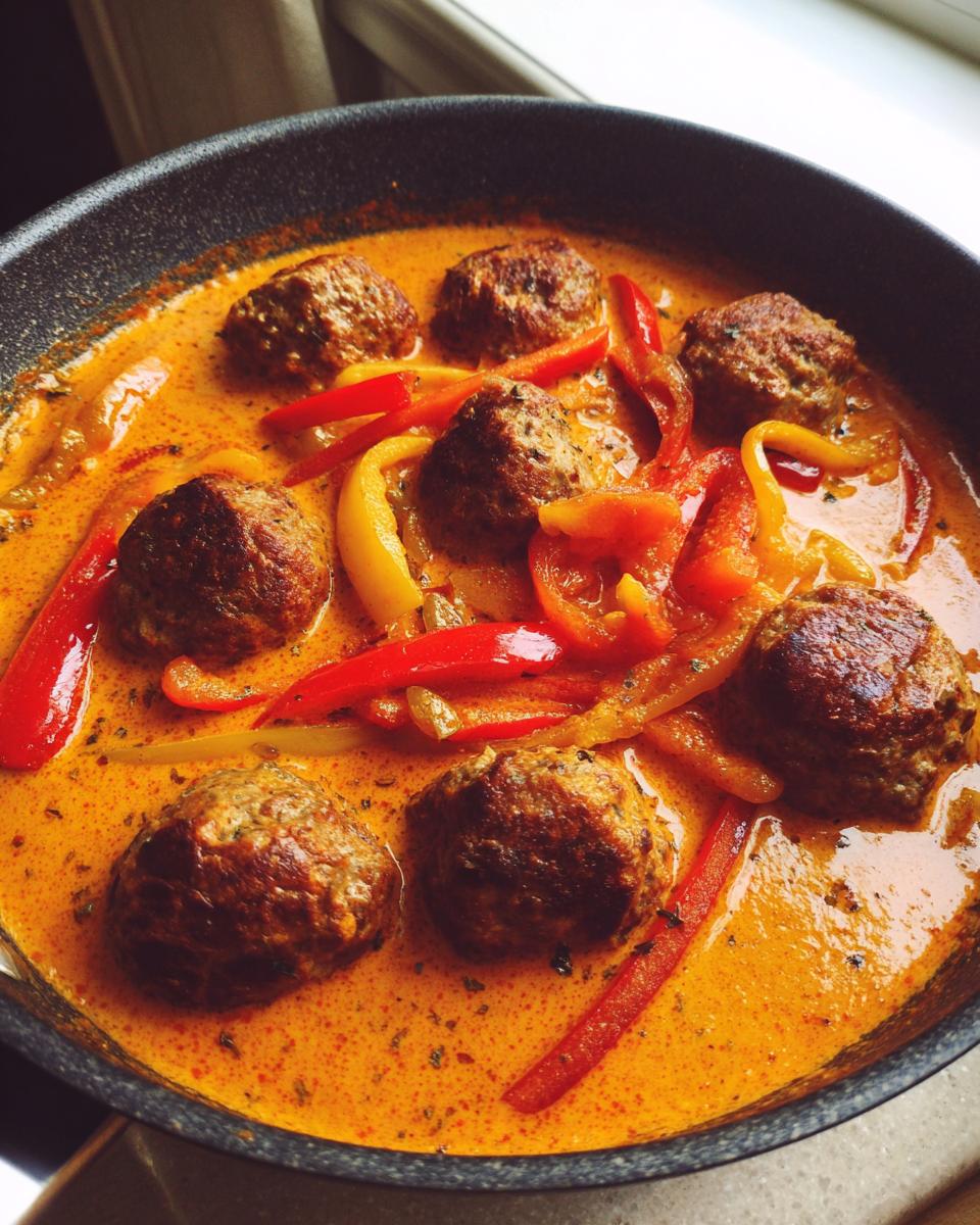 Nahaufnahme von saftigen Hackbällchen in cremiger, oranger Paprikarahm-Sauce mit roten und gelben Paprikastreifen.