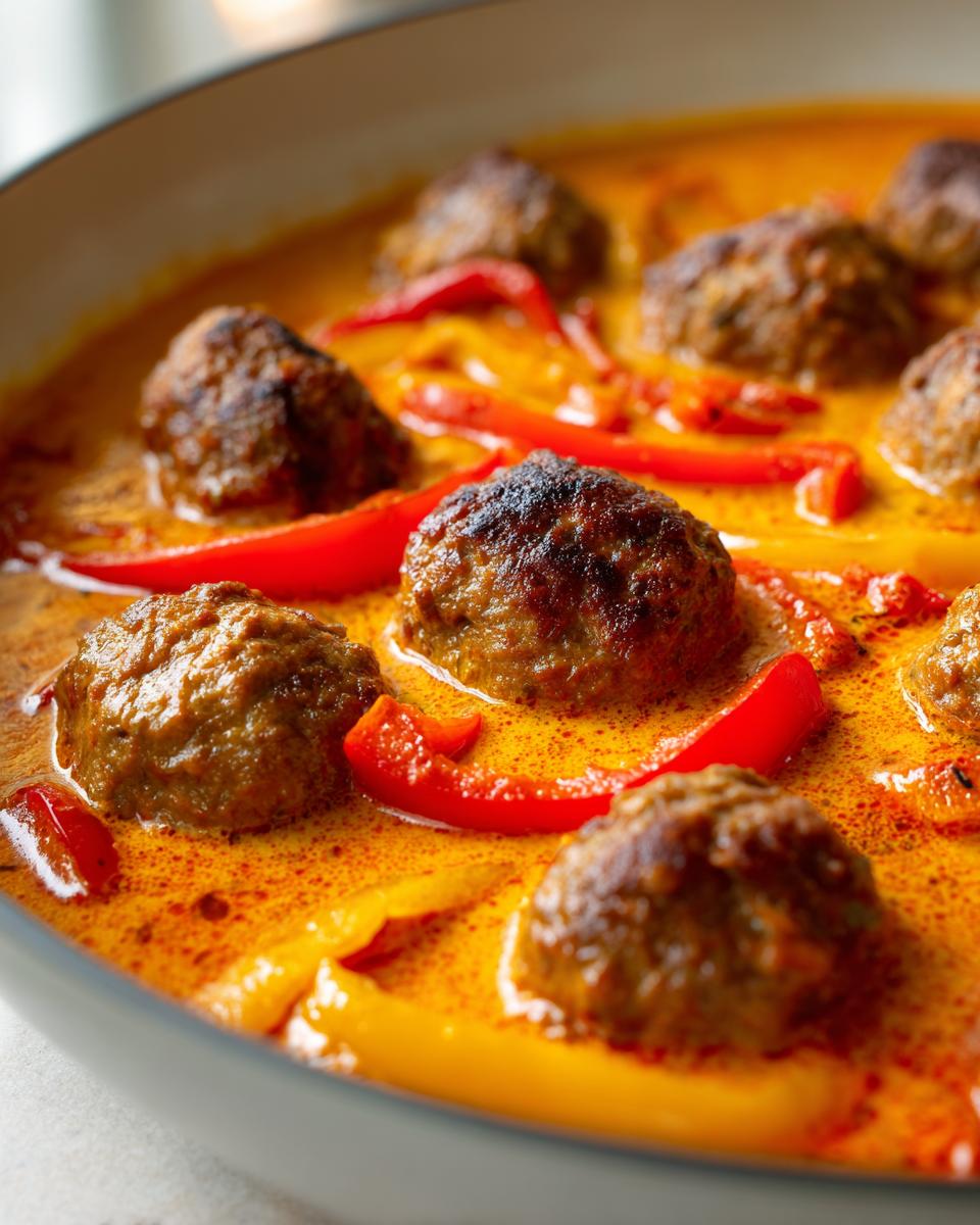 Nahaufnahme von saftigen Hackbällchen in einer cremigen, orangefarbenen Sauce mit roten Paprikastreifen – Hackbällchen in Paprikarahm.