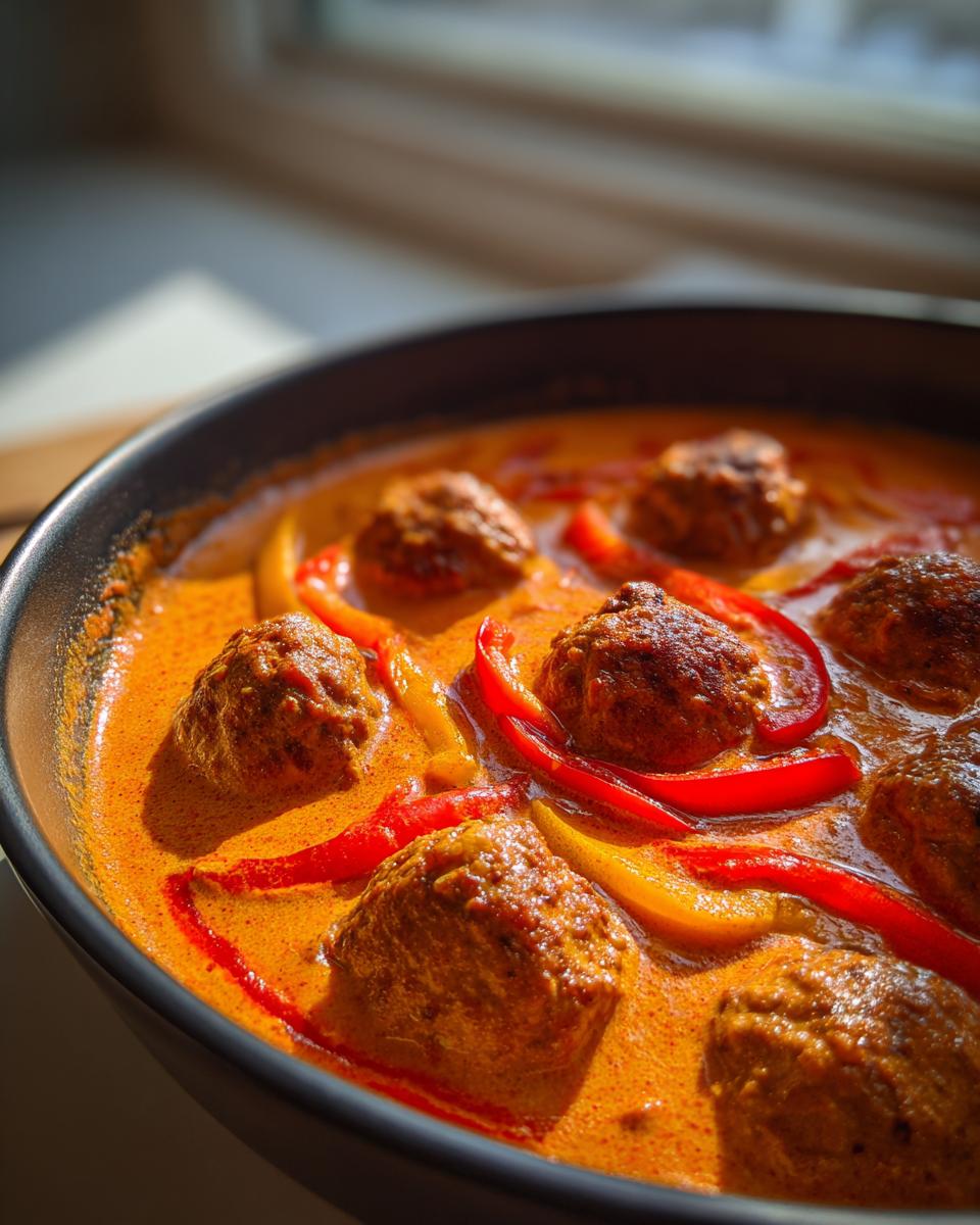 Nahaufnahme von saftigen Hackbällchen in Paprikarahm mit roten und gelben Paprikastreifen.