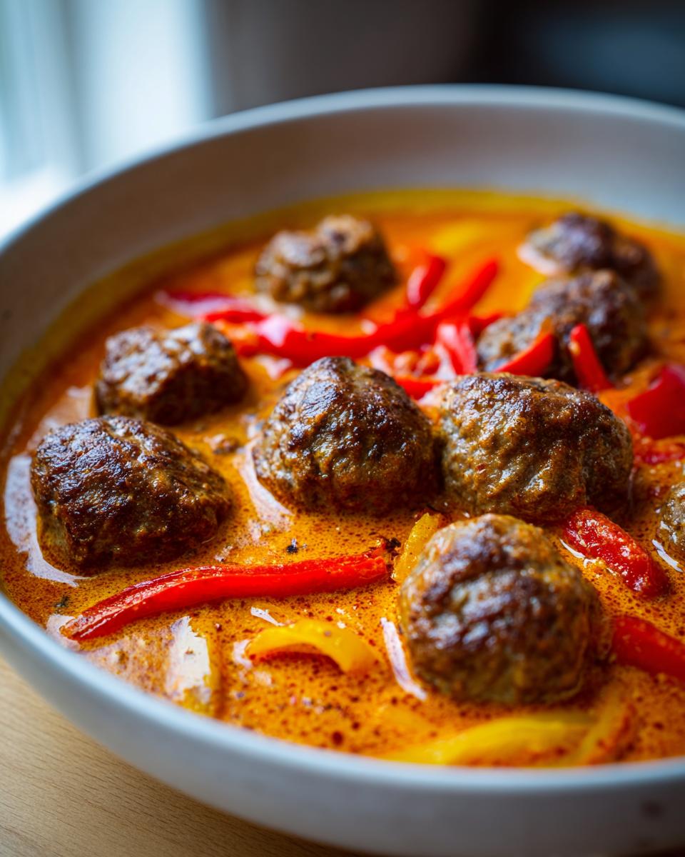 Nahaufnahme von saftigen Hackbällchen in einer cremigen, orangefarbenen Paprikasoße mit roten Paprikastreifen – Hackbällchen in Paprikarahm.