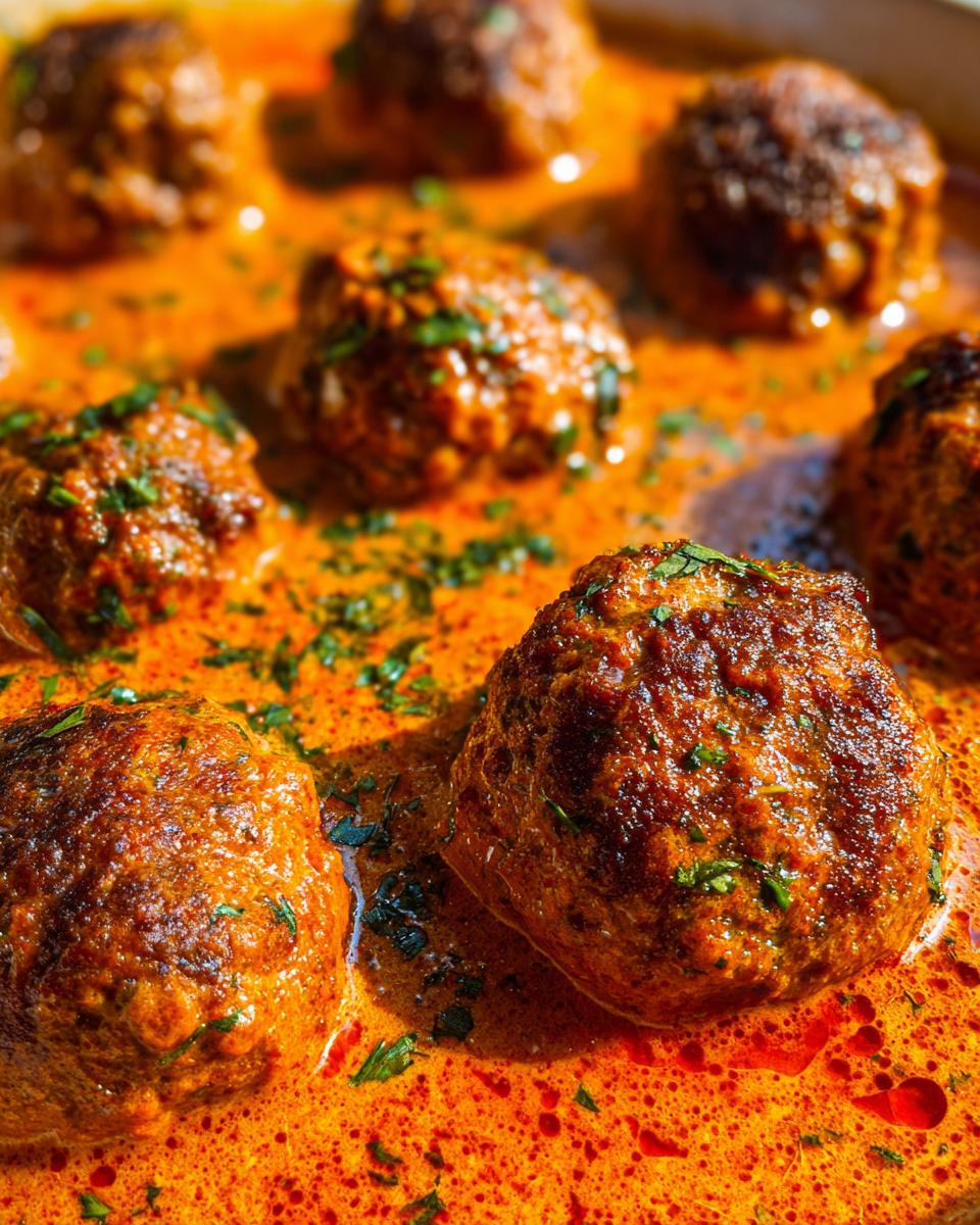 Nahaufnahme von saftigen Hackbällchen Toskana, die in einer leuchtend orange-roten, cremigen Sauce schwimmen.