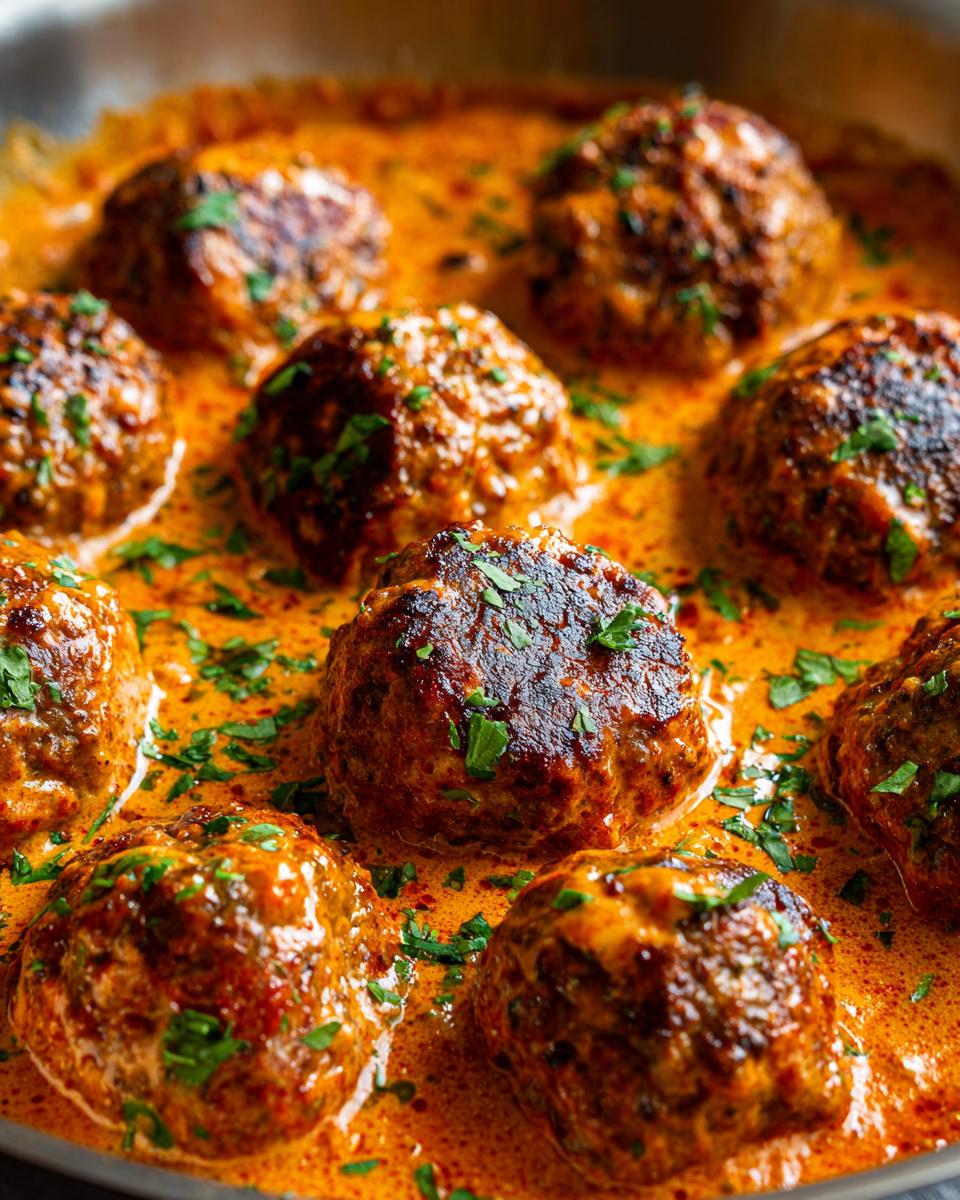 Nahaufnahme von saftigen Hackbällchen Toskana in einer cremigen, orangefarbenen Sauce, bestreut mit Petersilie.