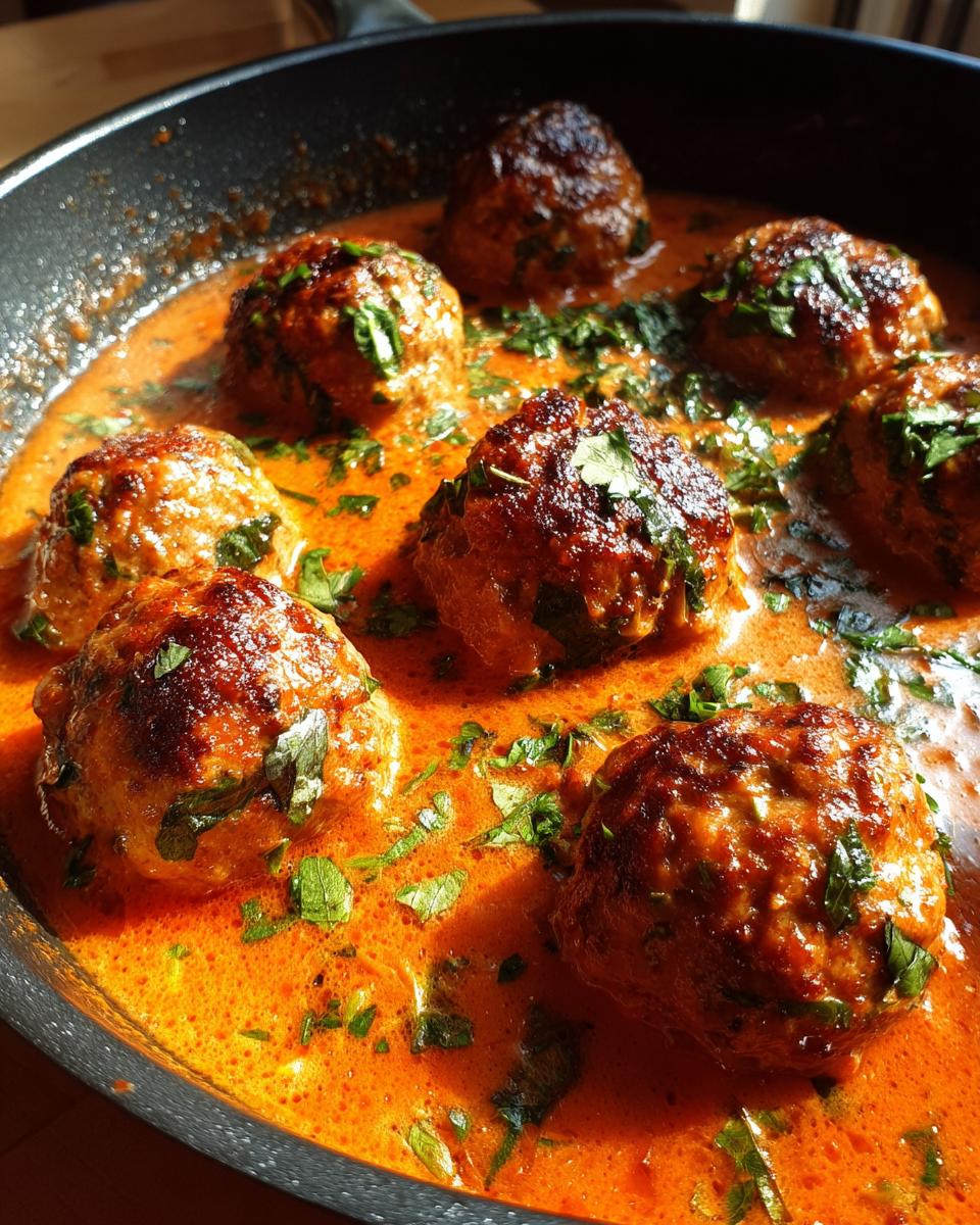 Nahaufnahme von saftigen Hackbällchen Toskana in einer leuchtend orange-roten, cremigen Soße, bestreut mit frischer Petersilie.