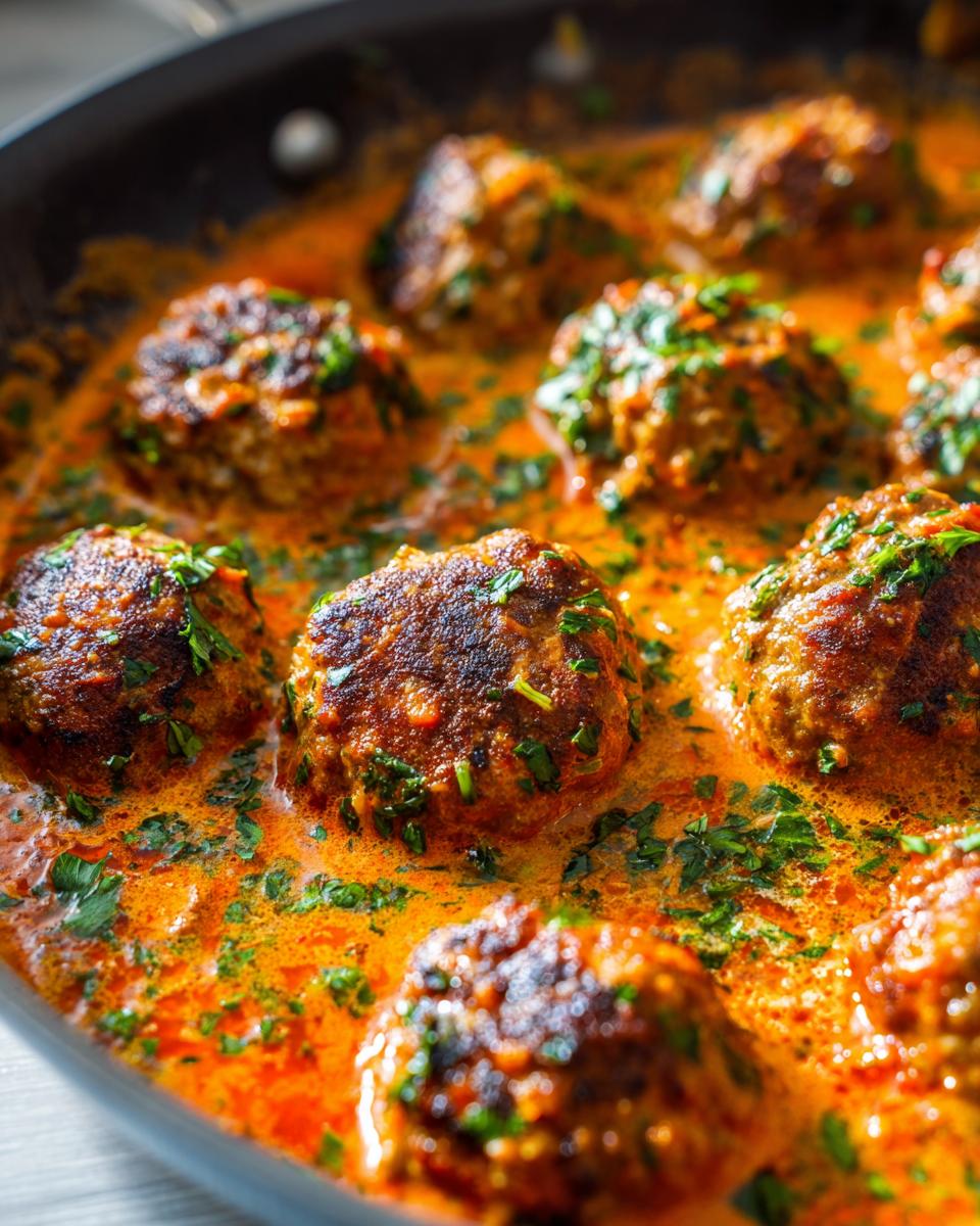 Nahaufnahme von saftigen Hackbällchen Toskana in einer leuchtend orangefarbenen, cremigen Sauce, bestreut mit frischer Petersilie.