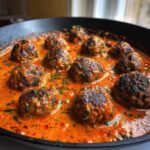 Nahaufnahme von saftigen Hackbällchen Toskana in einer leuchtend orange-roten, cremigen Soße, bestreut mit Petersilie.