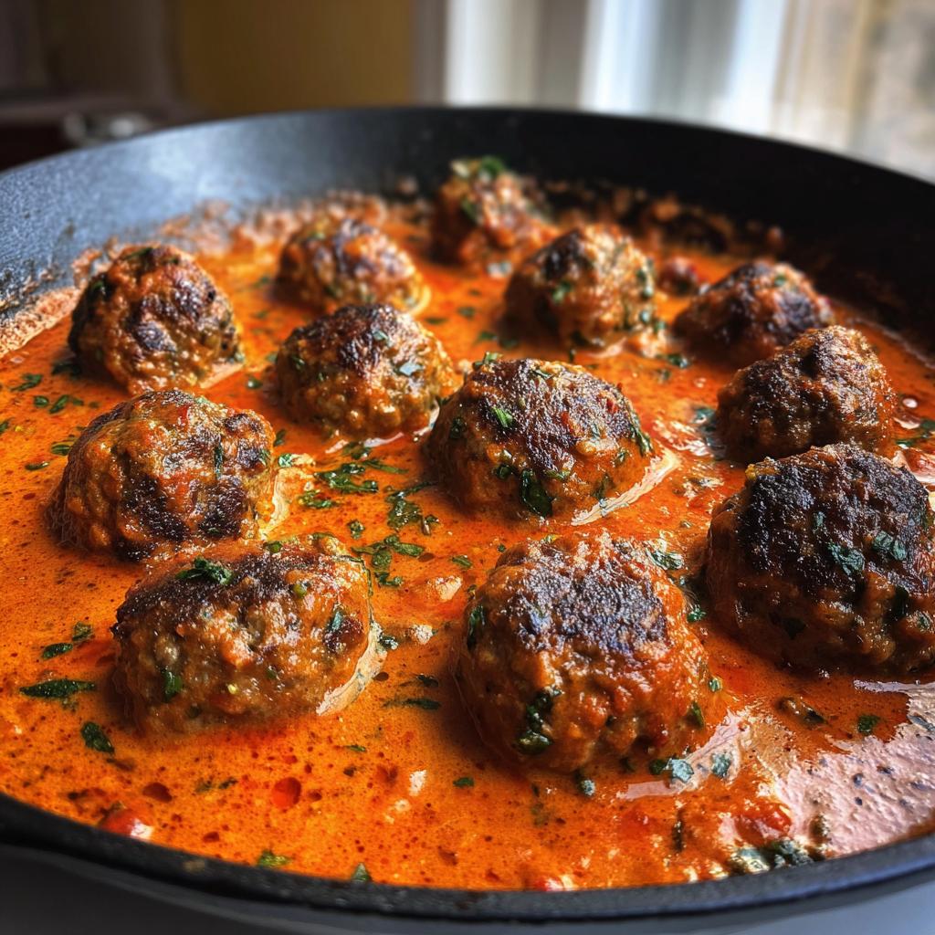 Nahaufnahme von saftigen Hackbällchen Toskana in einer leuchtend orange-roten, cremigen Soße, bestreut mit Petersilie.