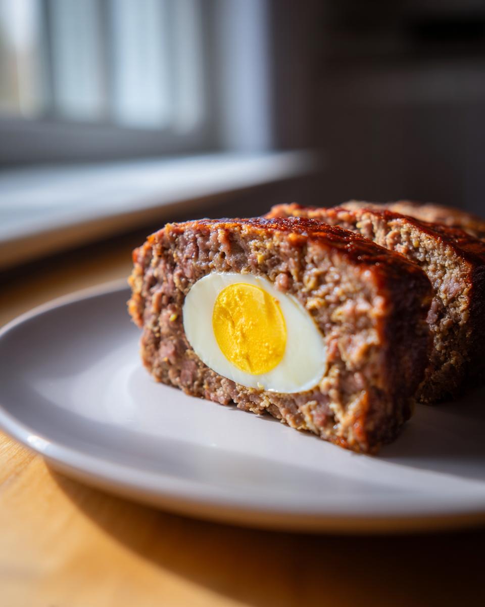 Nahaufnahme eines saftigen Hackbratens gefüllt mit Ei, auf einem Teller angerichtet.
