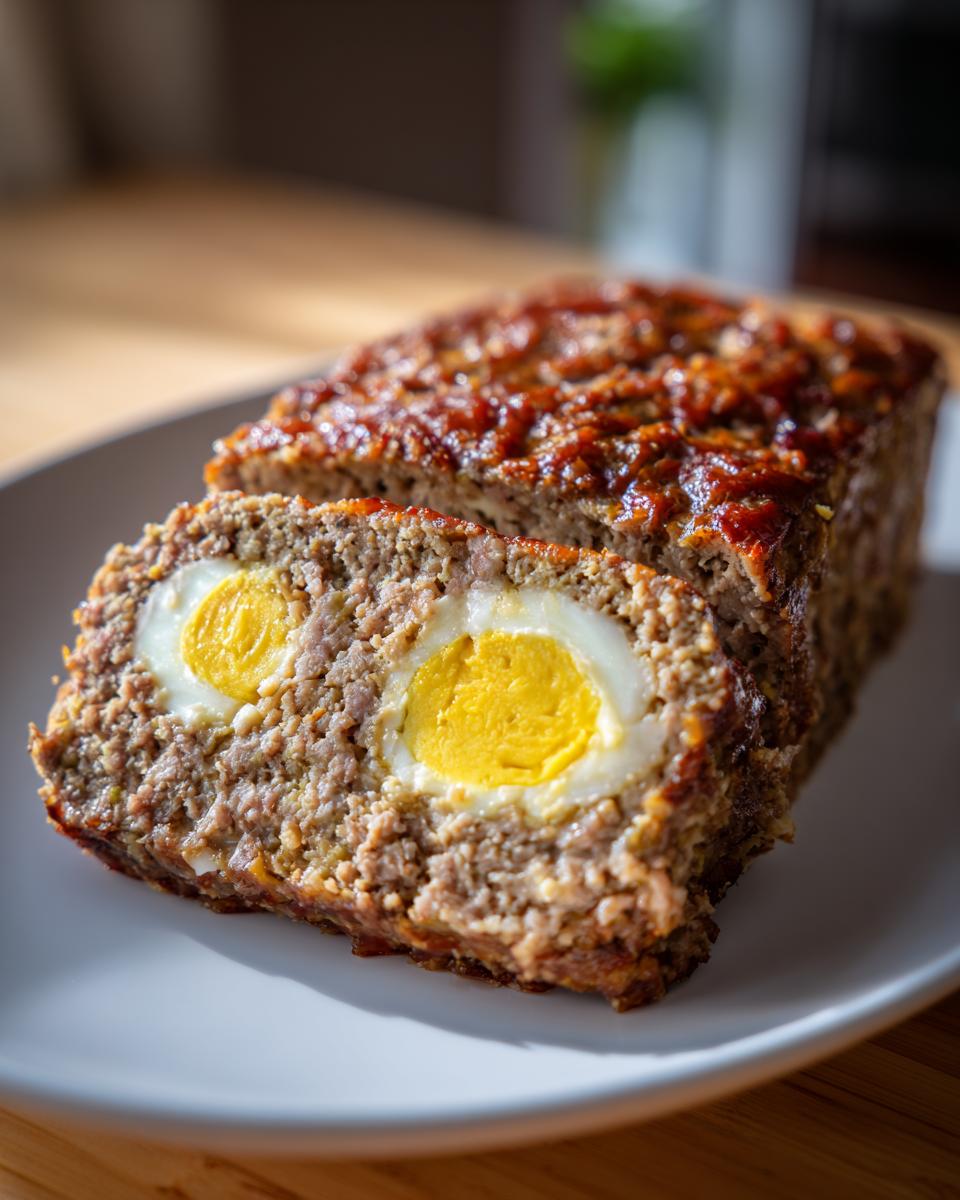 Aufgeschnittener Hackbraten gefüllt mit Ei auf einem Teller, die Eigelbe leuchten gelb.