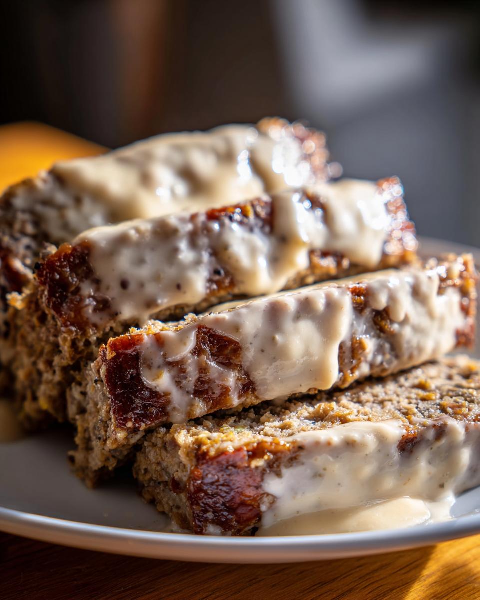 Drei dicke Scheiben Hackbraten in Rahmsauce, üppig mit cremiger Soße übergossen.