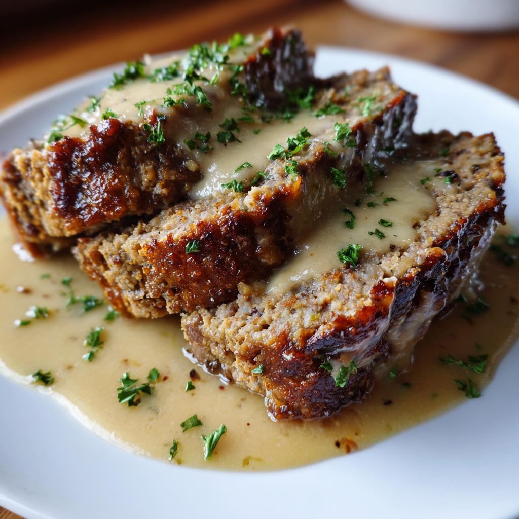 Nahaufnahme von zwei saftigen Scheiben Hackbraten in Rahmsauce, garniert mit frischer Petersilie.