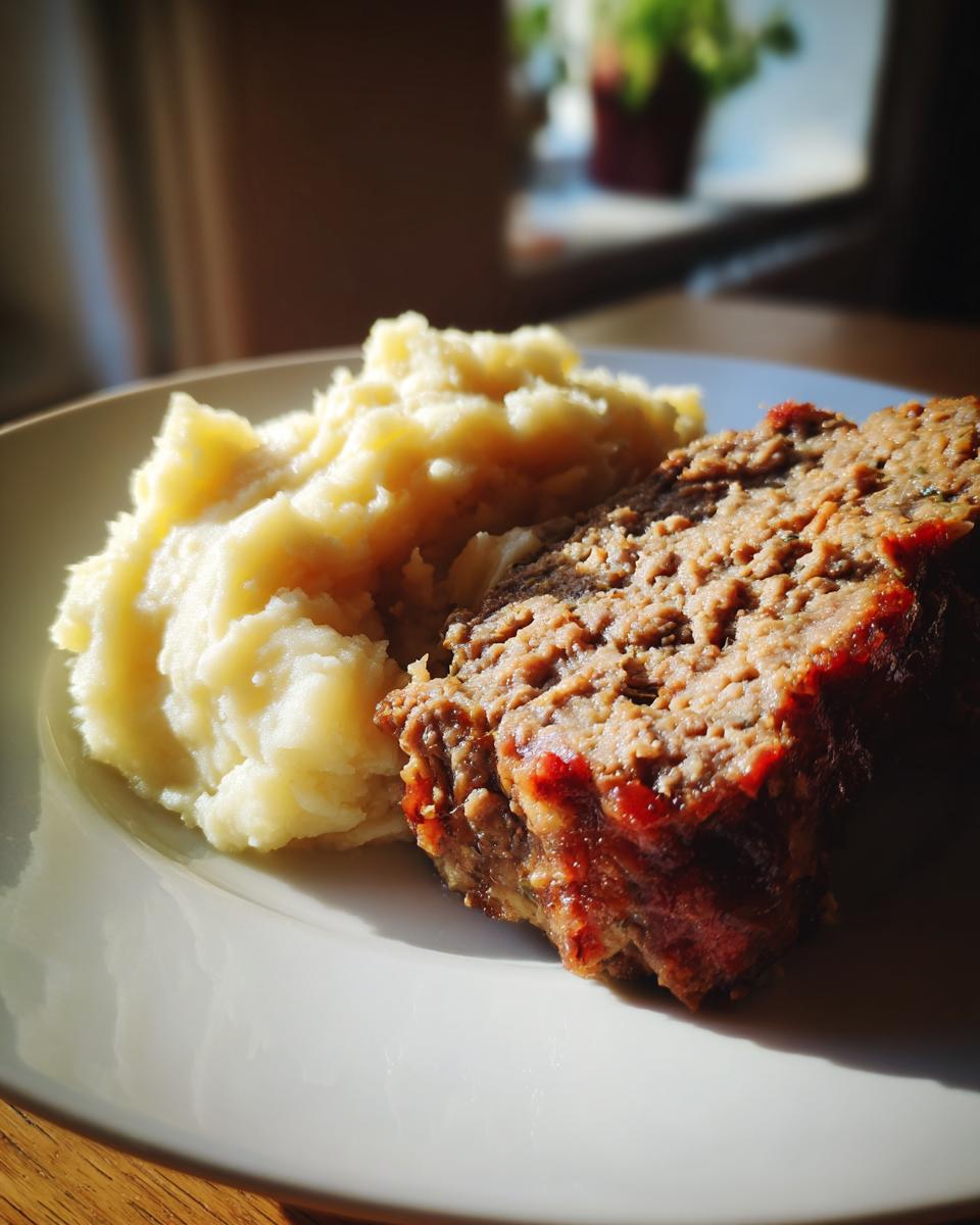 Nahaufnahme von einem Stück saftigem Hackbraten mit einer Portion cremigem Kartoffelpüree auf einem hellen Teller.