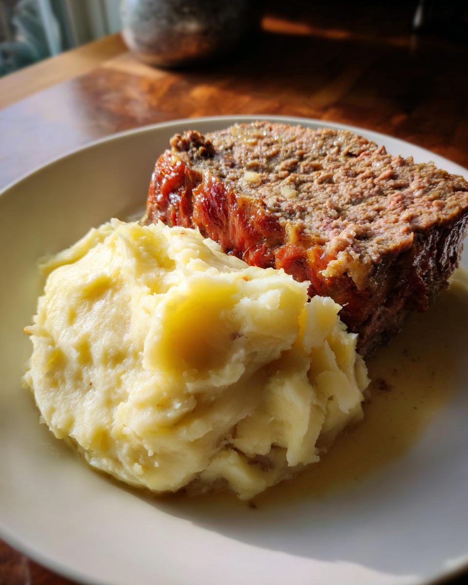 Ein Teller mit einer Scheibe saftigem Hackbraten und einer großen Portion cremigem Kartoffelpüree.