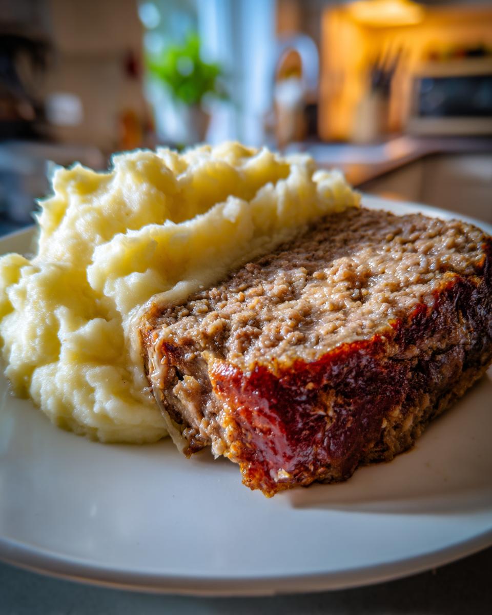Ein dickes Stück saftiger Hackbraten neben einer großen Portion fluffigem Kartoffelpüree auf einem weißen Teller.