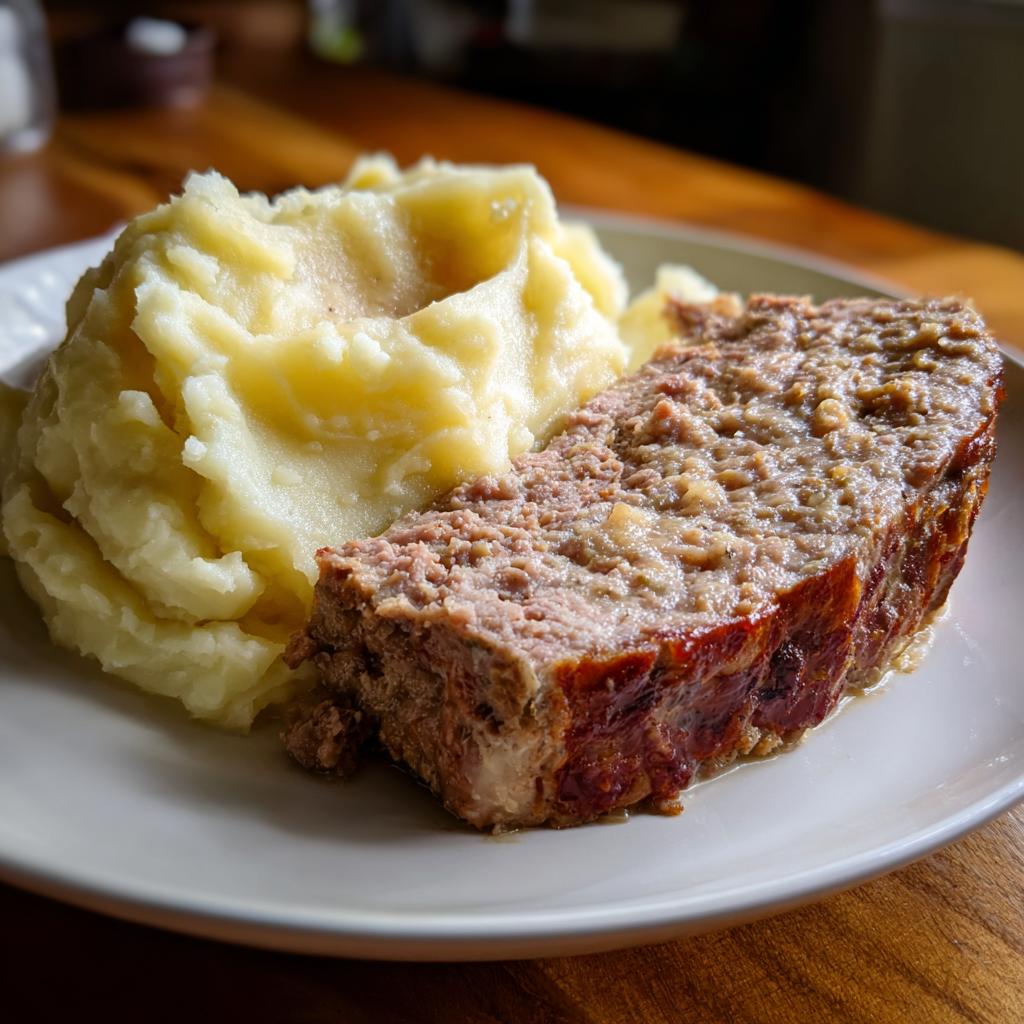 Ein Anschnitt von saftigem Hackbraten neben einer großen Portion cremigem Kartoffelpüree auf einem Teller.