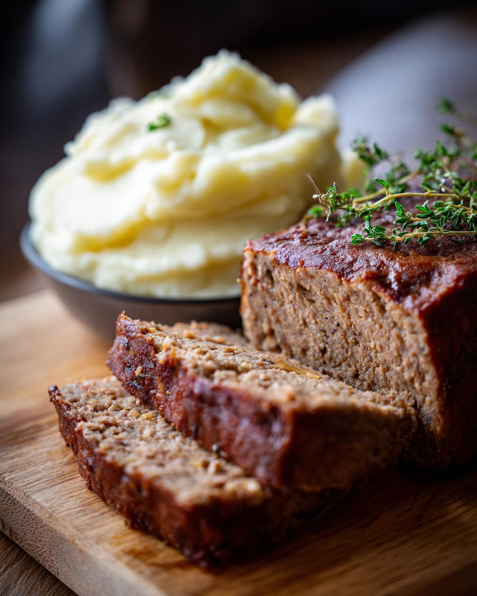 Zwei Scheiben saftiger Hackbraten mit Kartoffelpüree im Hintergrund, garniert mit Thymian.
