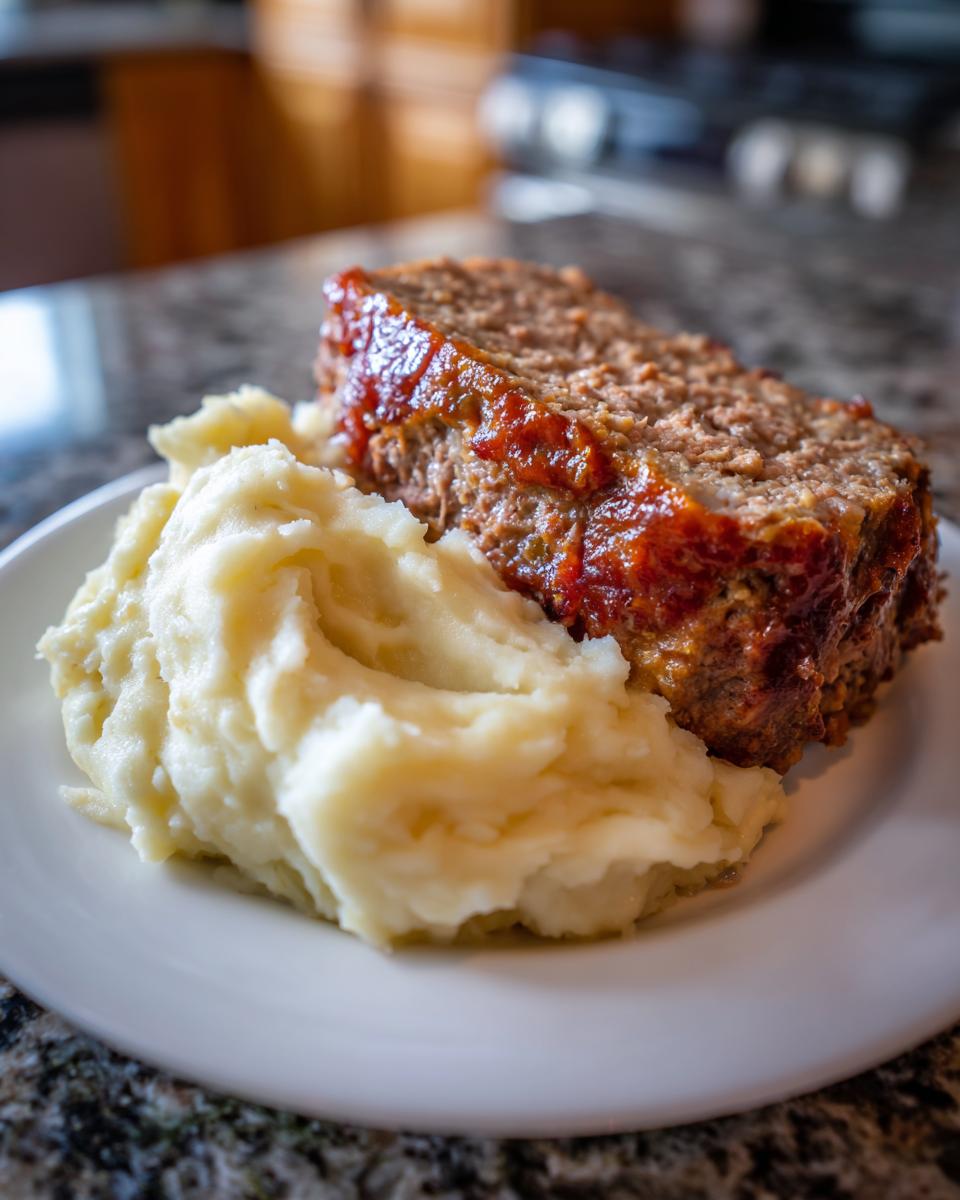 Ein saftiges Stück Hackbraten mit glänzender Glasur neben einem großen Klecks cremigem Kartoffelpüree.