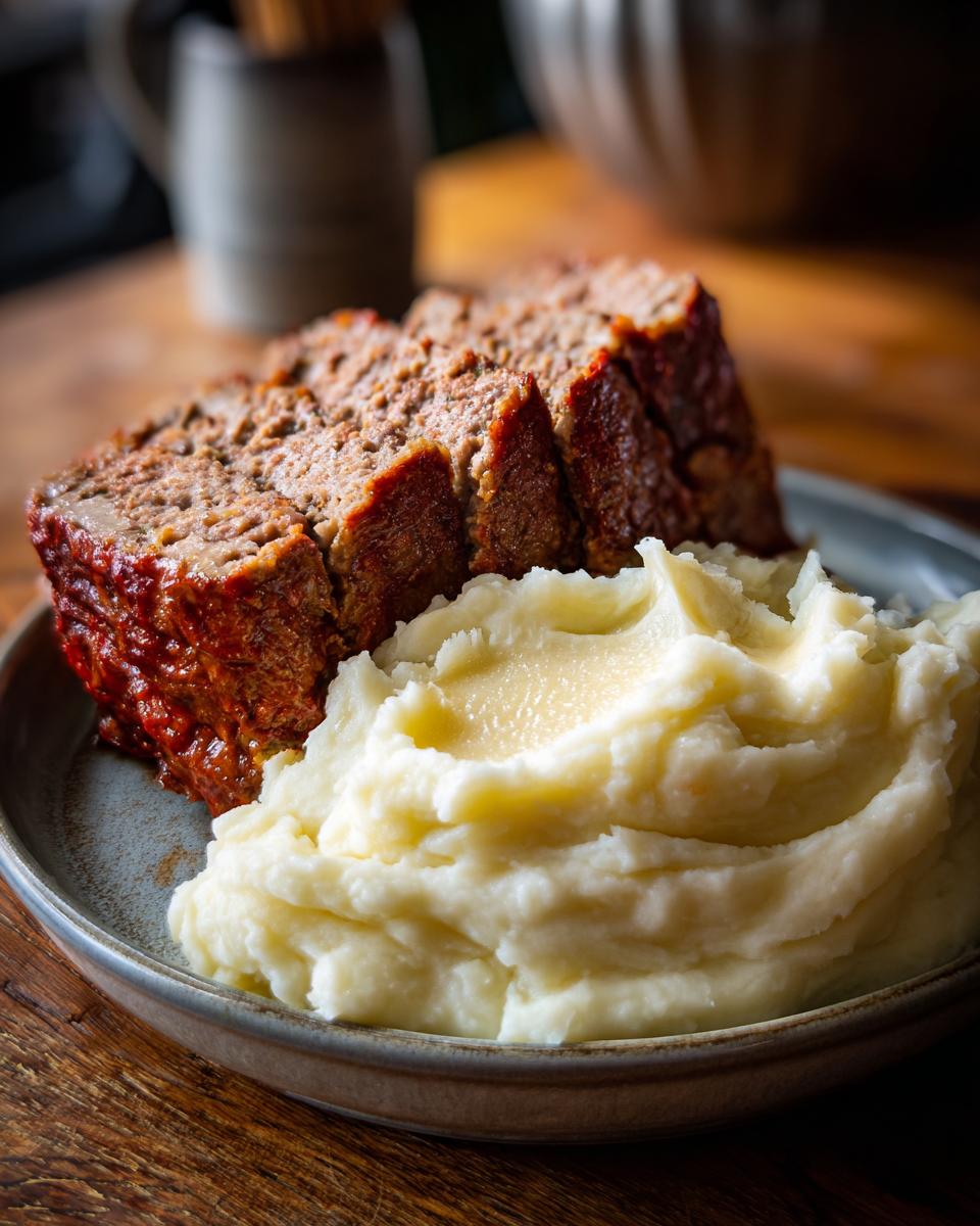 Ein Teller mit geschnittenem Hackbraten und cremigem Kartoffelpüree, das klassische deutsche Gericht.
