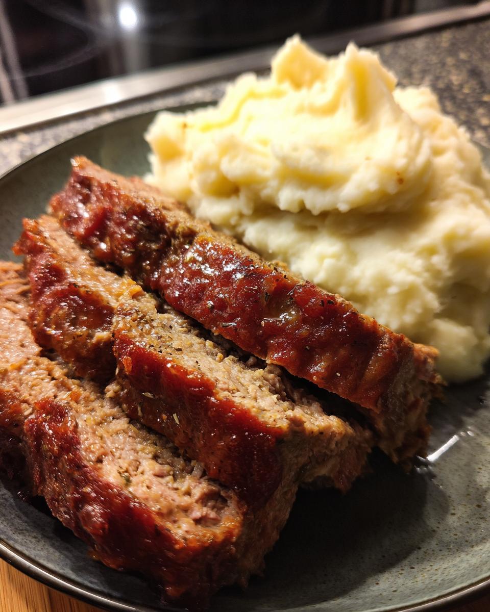 Zwei saftige Scheiben Hackbraten mit glänzender Kruste und einer Portion fluffigem Kartoffelpüree.