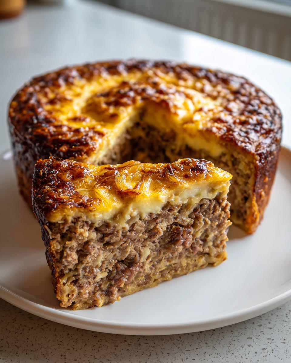 Ein angeschnittenes Stück saftiger Hackbraten mit Zwiebelkruste auf einem weißen Teller.