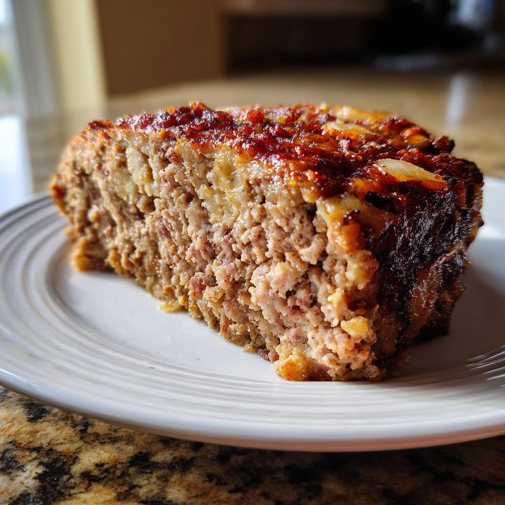 Nahaufnahme eines saftigen Stücks Hackbraten mit Zwiebelkruste auf einem weißen Teller.
