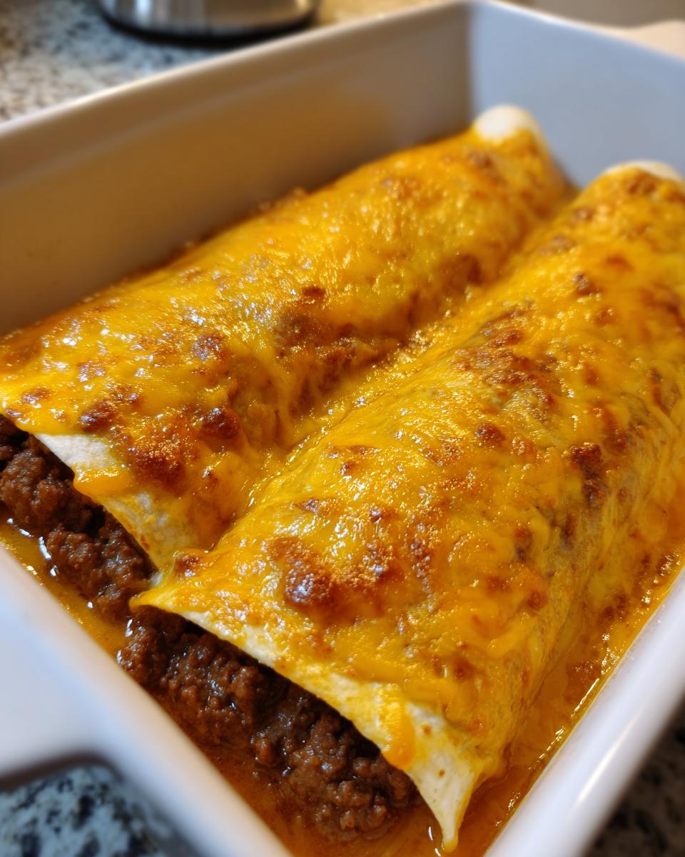 Zwei saftige Hackfleisch-Wraps mit Käsesauce, überbacken und goldbraun, in einer weißen Auflaufform.