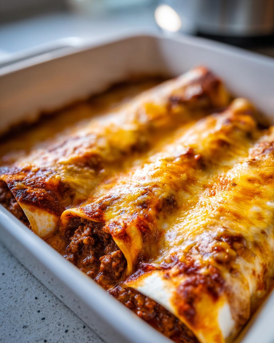 Nahaufnahme von gebackenen Hackfleisch-Wraps mit Käsesauce, die goldbraun überbacken sind.