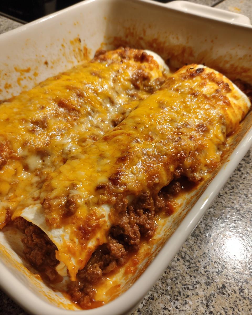 Zwei überbackene Hackfleisch-Wraps mit geschmolzener Käsesauce in einer weißen Auflaufform.