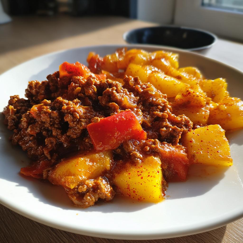 Nahaufnahme einer Tellerportion Hackfleischpfanne mit Kartoffeln und roten Paprikastücken, appetitlich angerichtet.