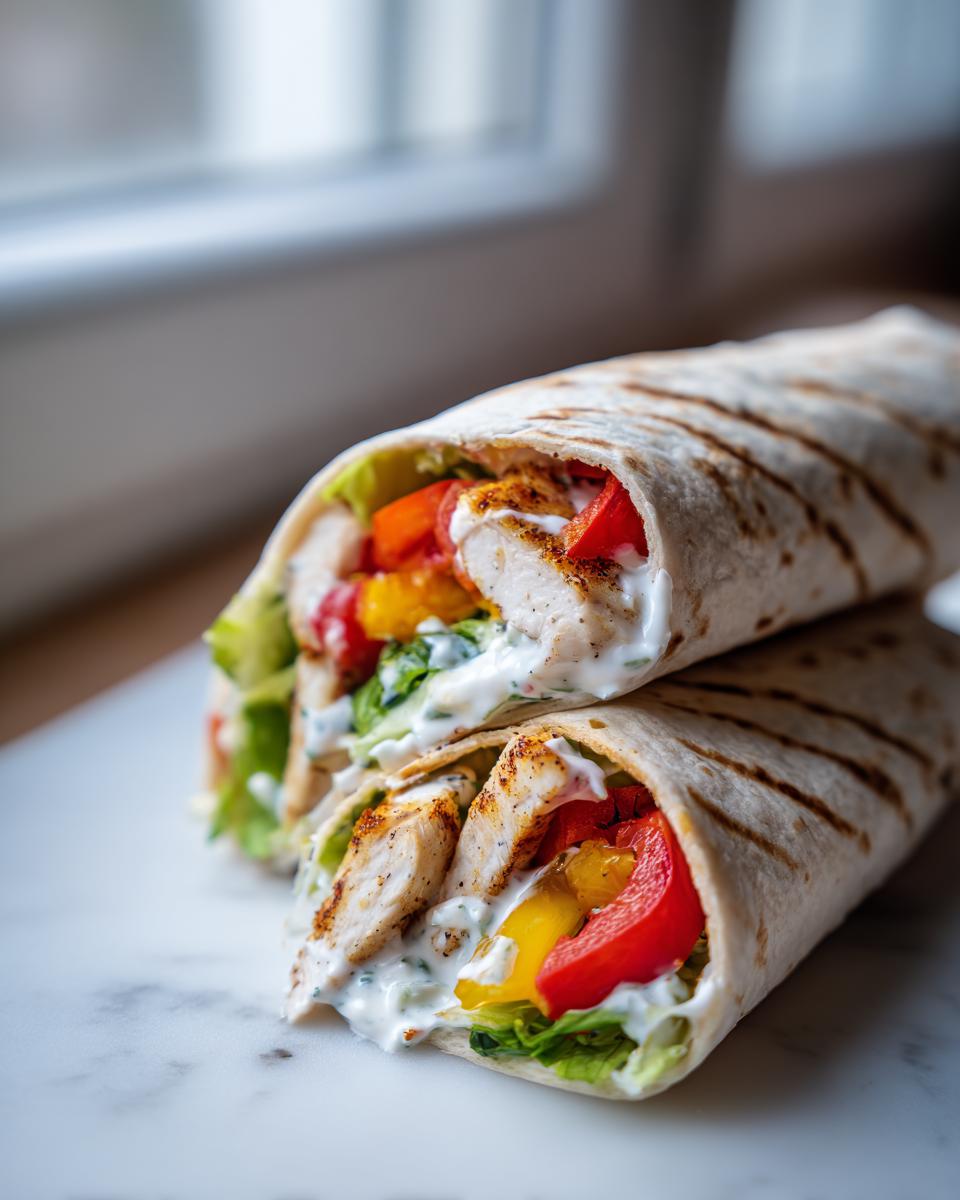 Zwei angeschnittene Hähnchen-Wraps mit Joghurtsauce, Hähnchenstreifen und bunten Paprika auf einem Marmorteller.