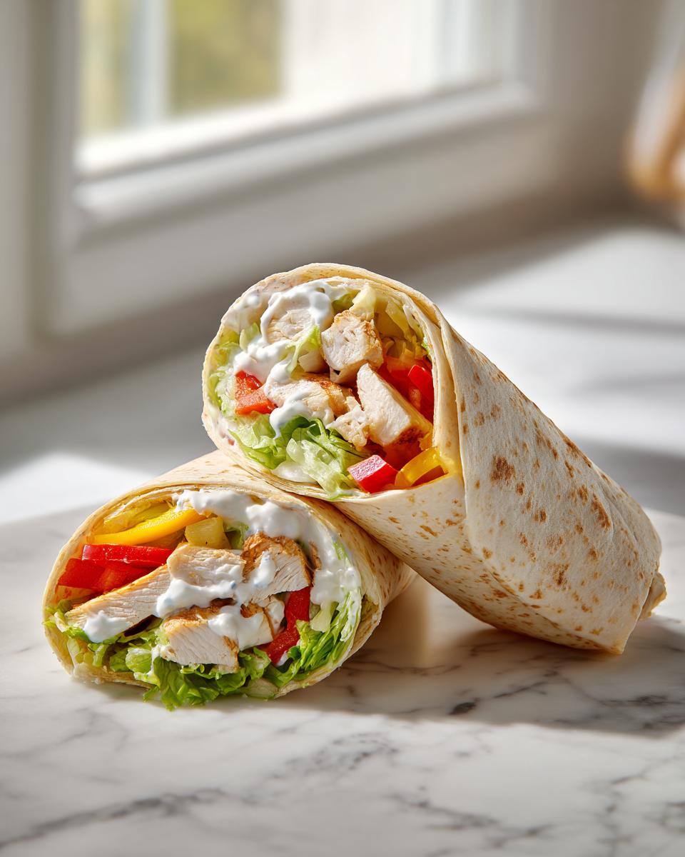 Zwei aufgeschnittene Hähnchen-Wraps mit viel Salat, Hähnchenstücken und cremiger Joghurtsauce auf Marmor.