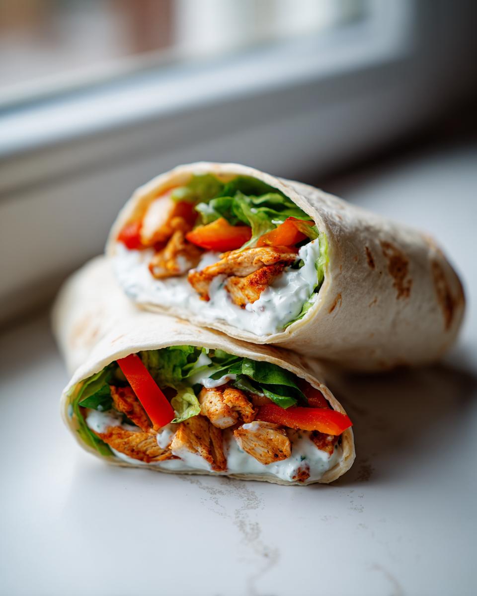 Zwei Hälften von saftigen Hähnchen-Wraps mit Joghurtsauce, Salat und Paprika, appetitlich angerichtet.