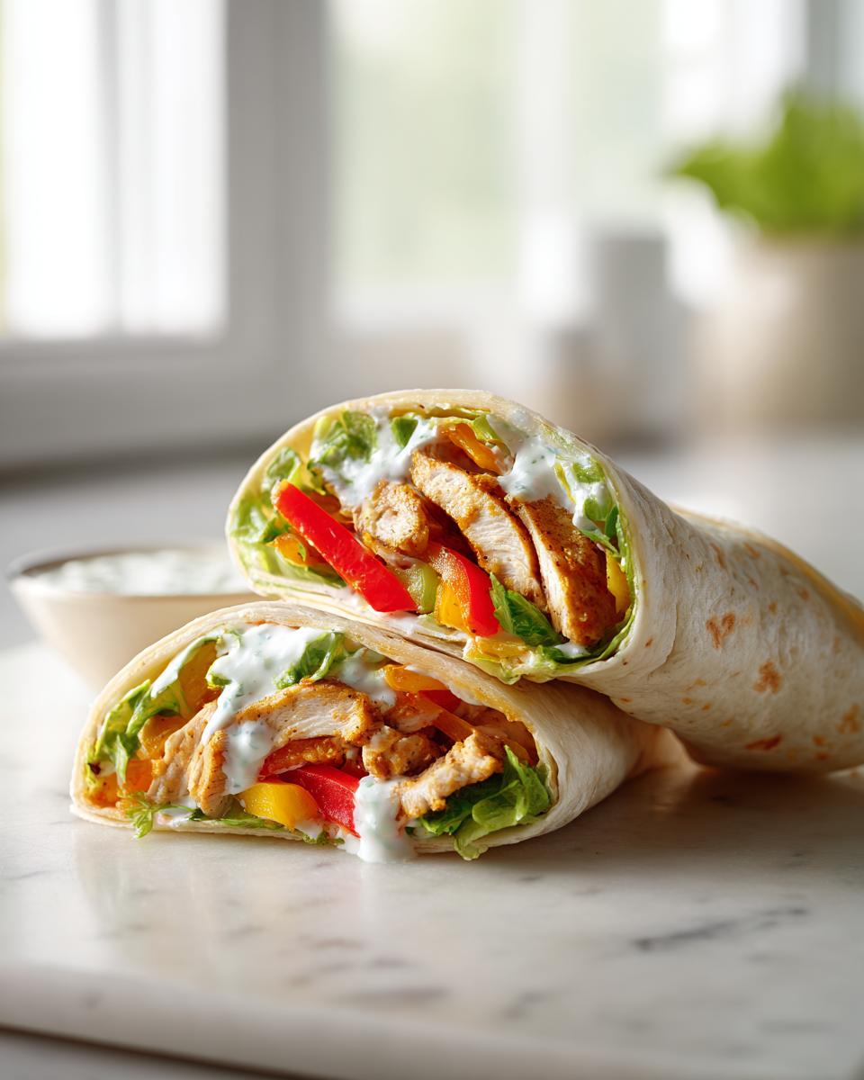 Zwei Hälften von Hähnchen-Wraps mit Joghurtsauce, gefüllt mit Hähnchenstreifen und Paprika.