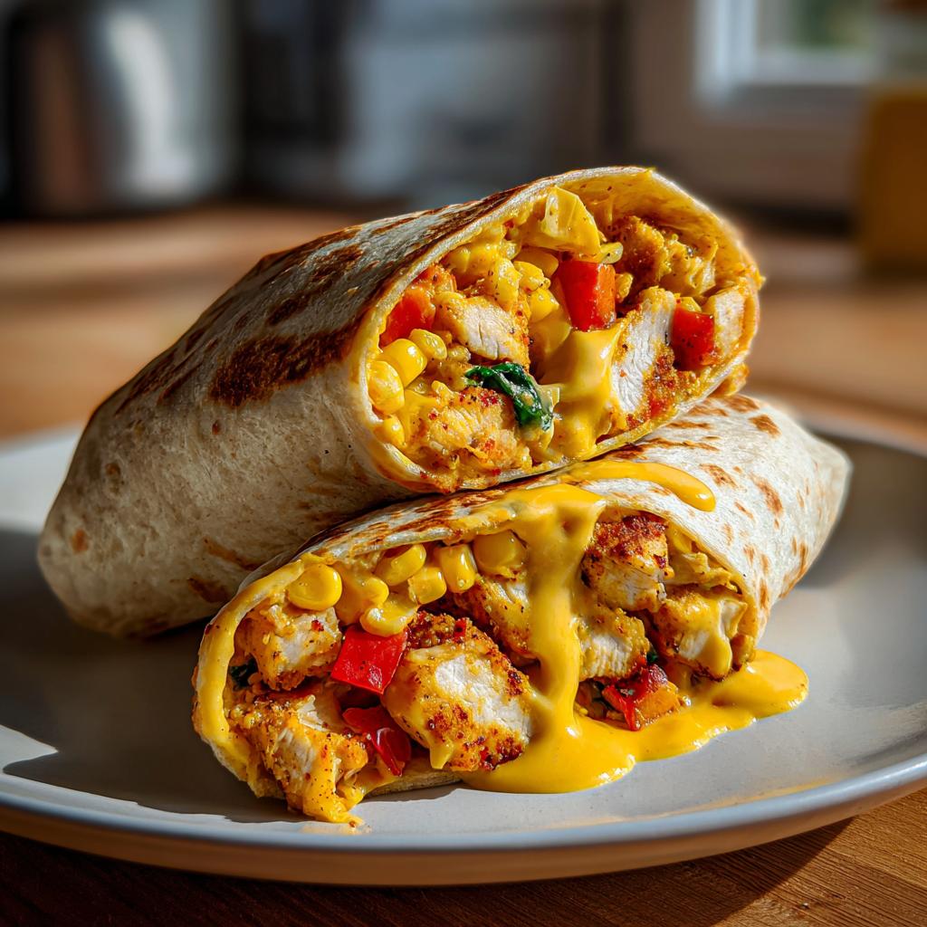 Zwei Hälften saftiger Hähnchen-Wraps mit Käsesauce, gefüllt mit Hähnchenstücken, Mais und Paprika.
