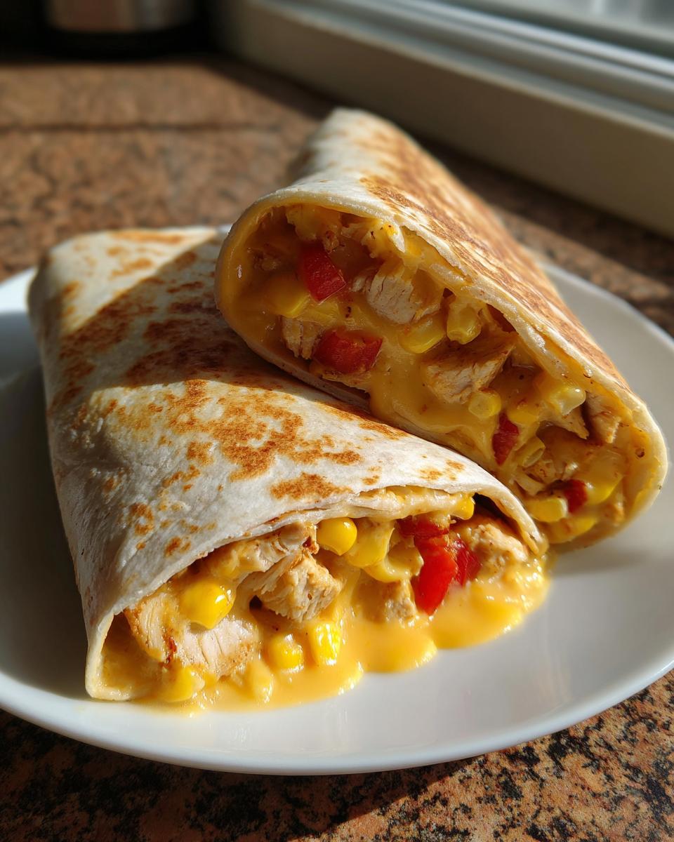 Zwei angeschnittene Hähnchen-Wraps mit Käsesauce, gefüllt mit Hähnchenstücken, Mais und Paprika auf einem weißen Teller.