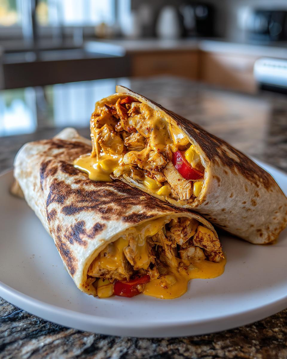 Zwei Hälften von Hähnchen-Wraps mit Käsesauce, gefüllt mit Hähnchenstücken, Mais und Paprika, auf einem Teller.