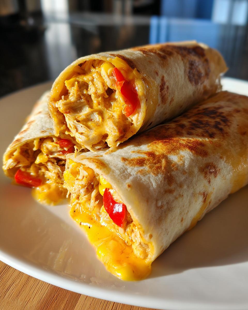 Drei köstliche Hähnchen-Wraps mit Käsesauce, gefüllt mit zerkleinertem Hähnchen und Paprika, auf einem Teller.