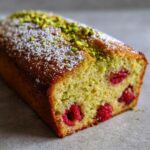 Nahaufnahme des angeschnittenen Kuchens: Eine saftige Himbeer-Pistazien-Torte mit sichtbaren Himbeeren und Pistazienstückchen.