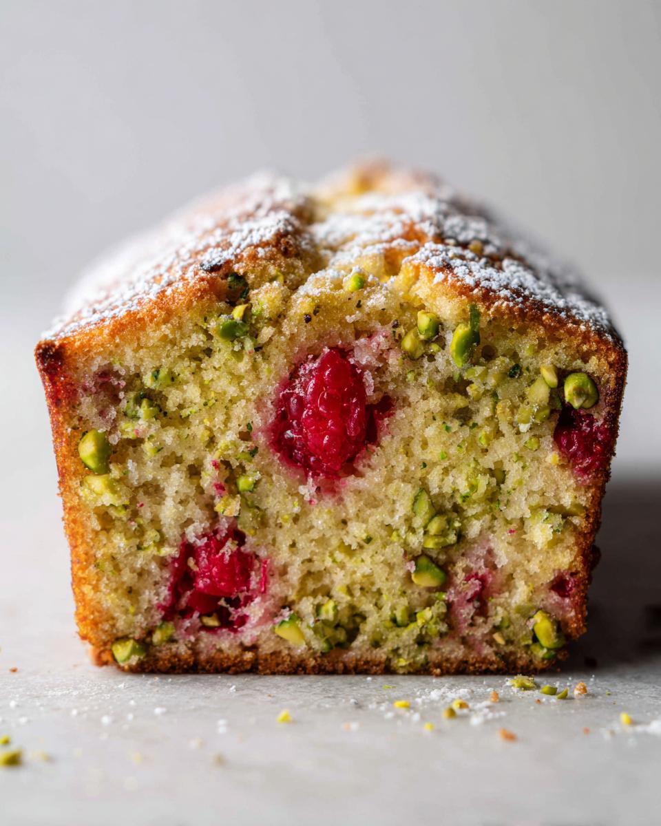 Nahaufnahme vom Anschnitt einer saftigen Himbeer-Pistazien-Torte, bestäubt mit Puderzucker.