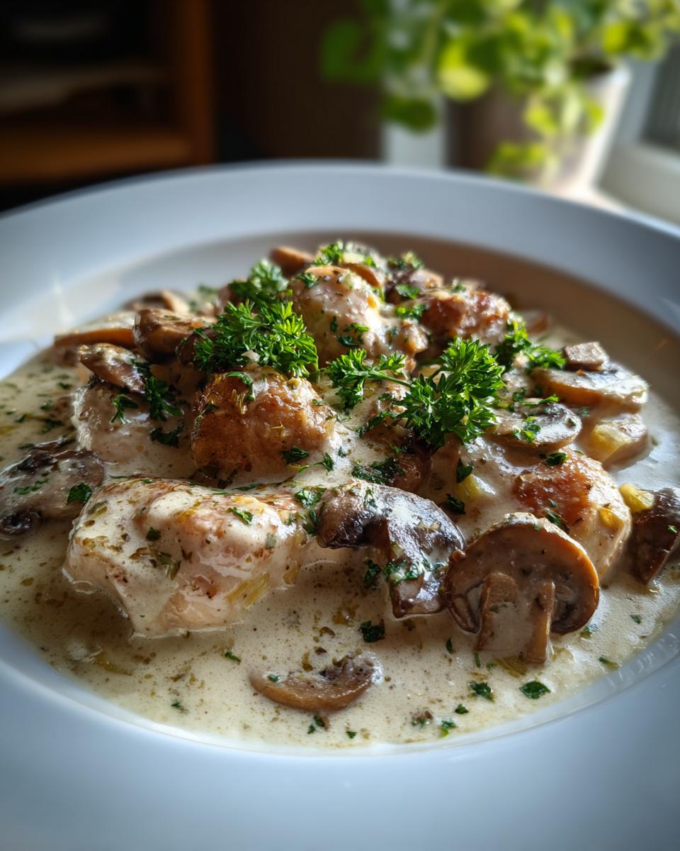 Nahaufnahme von klassischem Hühnerfrikassee mit zarten Hühnchenstücken, Champignons und cremiger Soße, garniert mit Petersilie.