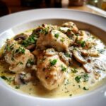 Nahaufnahme von zartem Hühnerfrikassee klassisch mit Pilzen in einer hellen, cremigen Soße, garniert mit Petersilie.