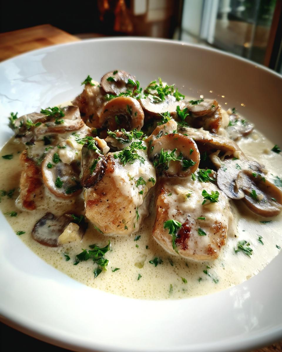 Nahaufnahme von Hühnerfrikassee klassisch mit cremiger Soße, Champignons und frischer Petersilie.