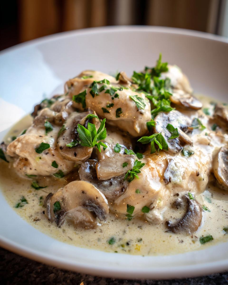 Nahaufnahme von zartem Hühnerfleisch in cremiger Soße mit Champignons, typisch für Hühnerfrikassee klassisch.