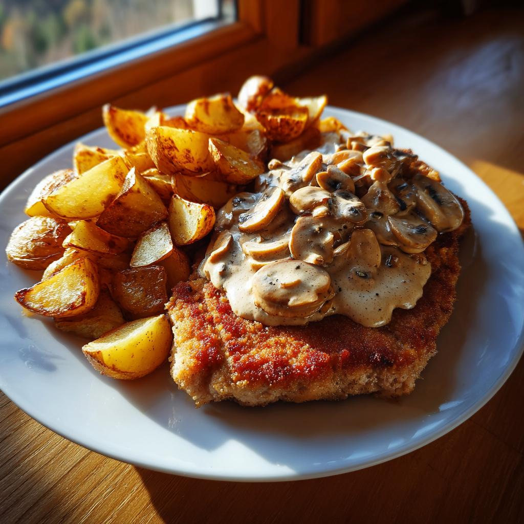Ein knuspriges Jäger-Schnitzel mit reichlich Pilzrahmsoße und goldbraunen Bratkartoffeln.