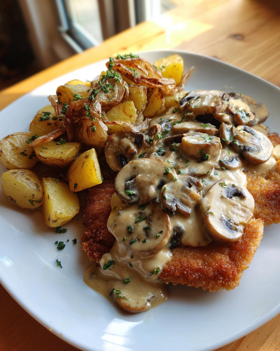 Ein saftiges Jäger-Schnitzel mit Pilzrahmsoße und einer Portion goldbrauner Bratkartoffeln auf einem weißen Teller.