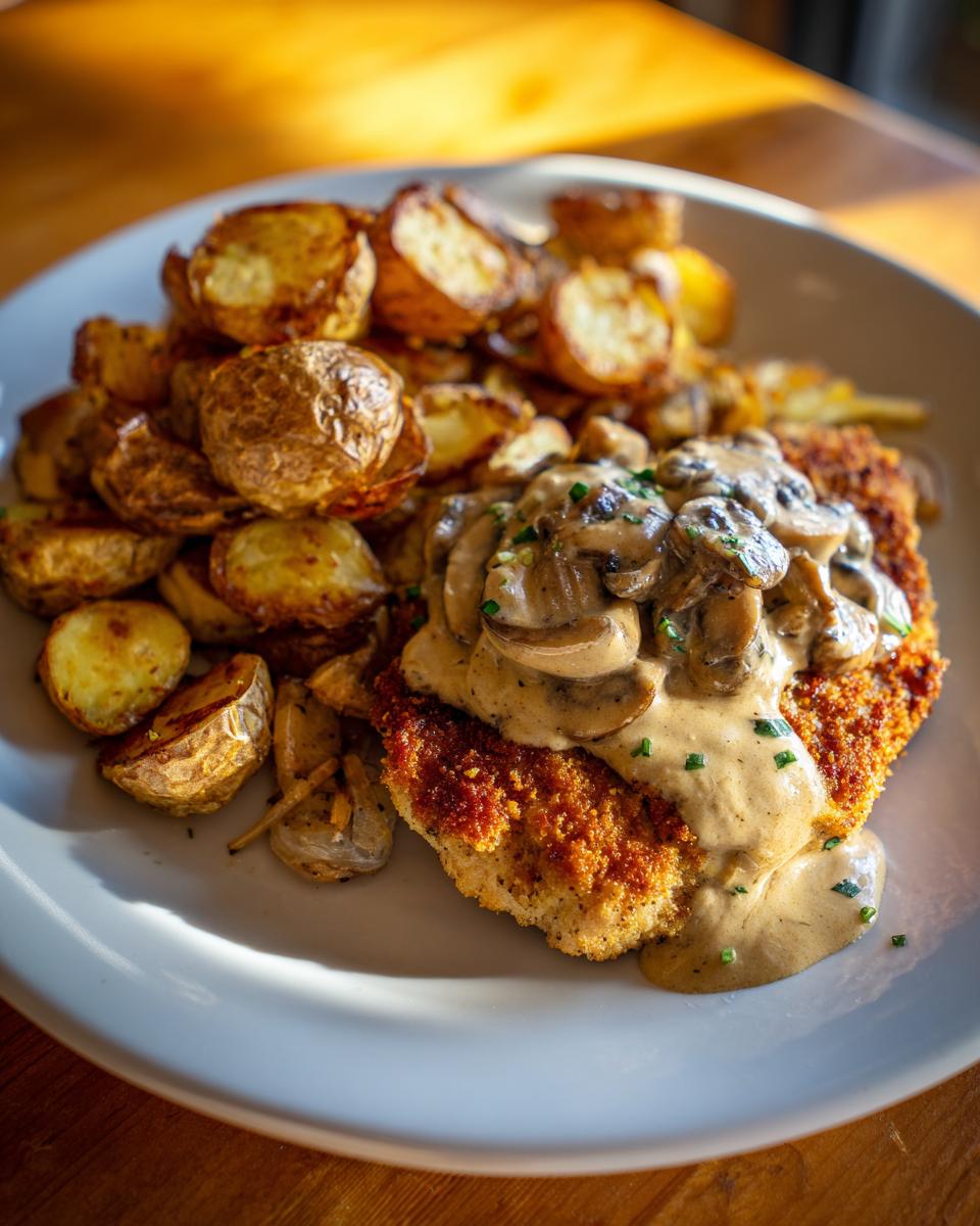 Ein saftiges Jäger-Schnitzel mit Pilzrahmsoße und goldbraunen Bratkartoffeln auf einem Teller.