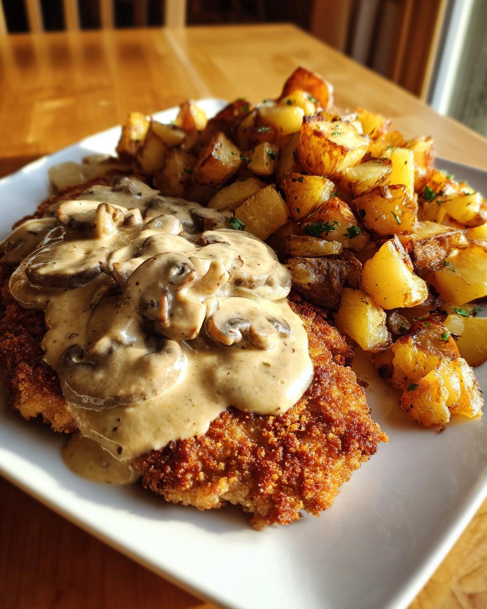 Ein saftiges Jäger-Schnitzel mit cremiger Pilzrahmsoße und goldbraunen Bratkartoffeln auf einem weißen Teller.