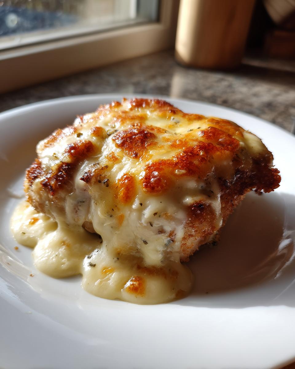Ein saftiges Käse-Sahne-Schnitzel aus dem Ofen mit goldbraun überbackenem Käse, der cremig herunterläuft.