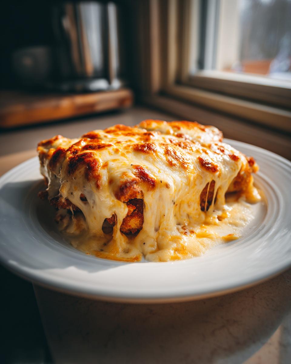 Ein saftiges Stück Käse-Sahne-Schnitzel aus dem Ofen mit geschmolzenem, goldbraunem Käse, der Fäden zieht.