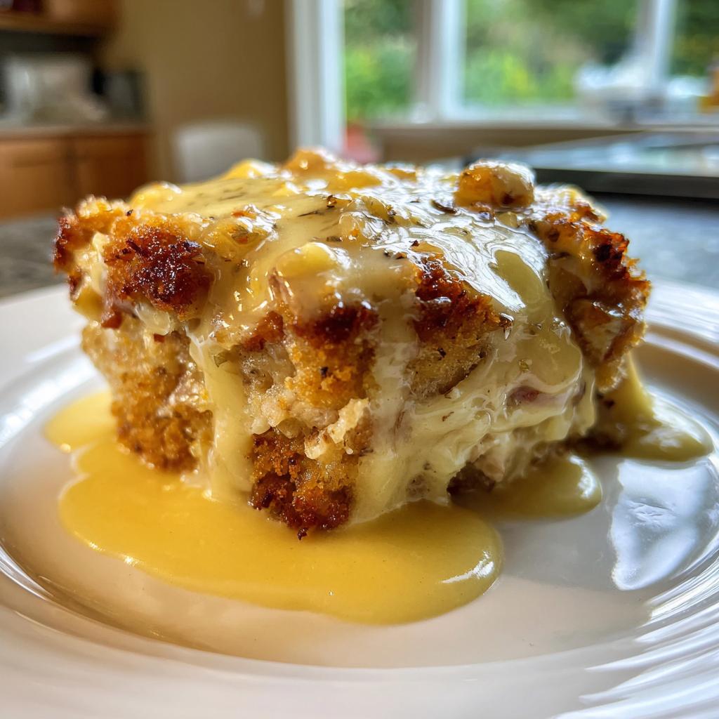 Ein saftiges Stück Käse-Sahne-Schnitzel aus dem Ofen, übergossen mit cremiger Käsesauce auf einem weißen Teller.